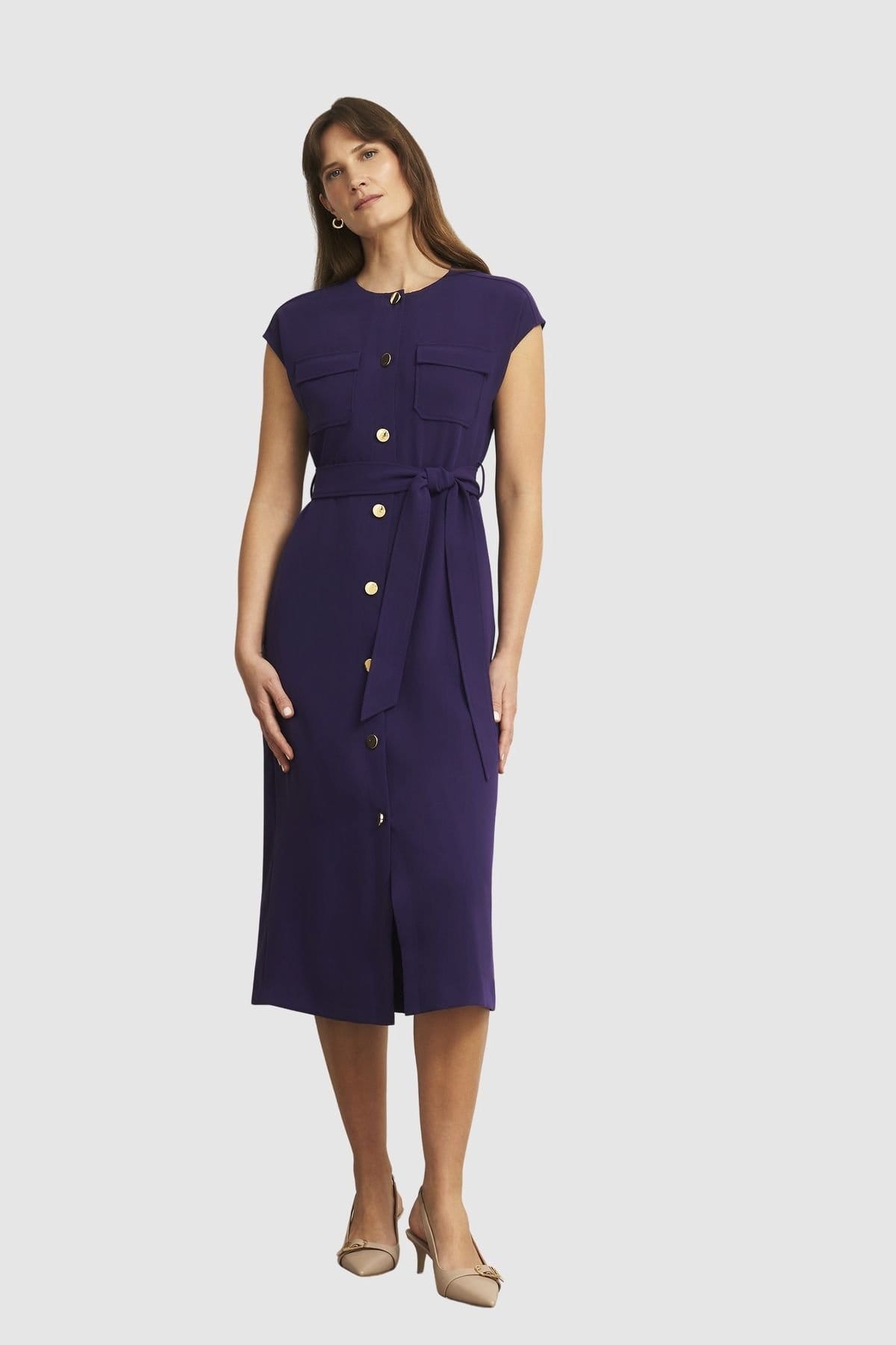 Hobbs London Aubergine Midi Dress with Tie Waist