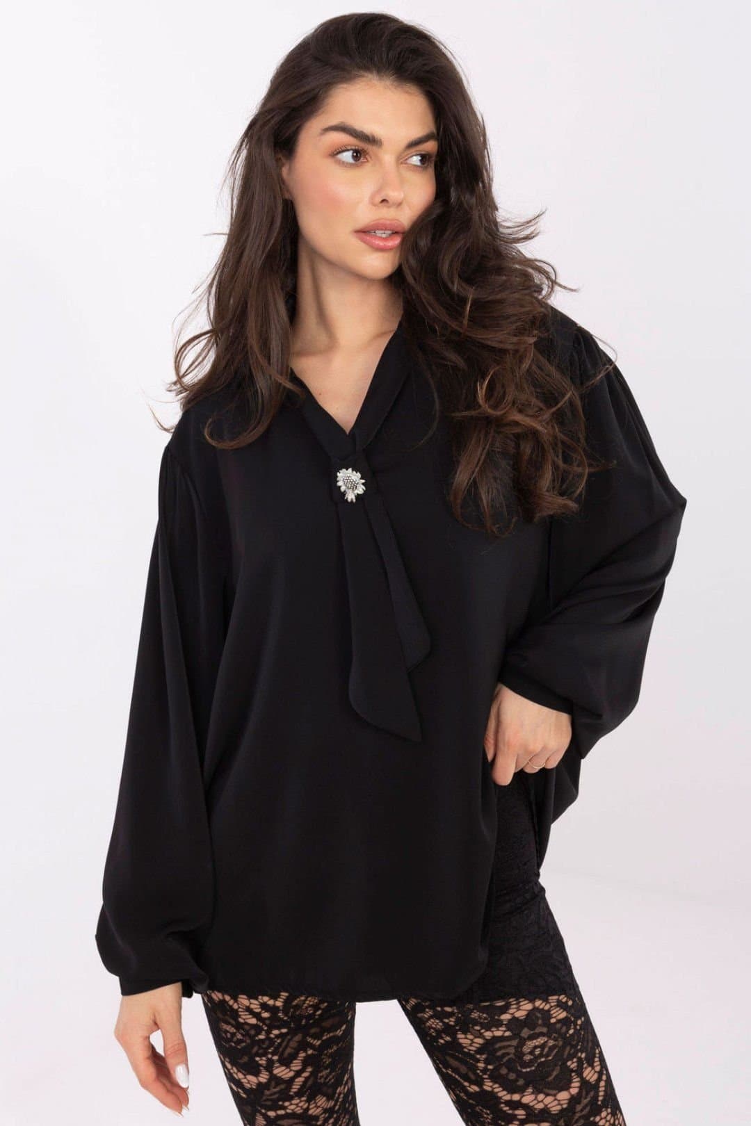Love Lace Love Lace Women's Elegant Tie Neck Puff Sleeve Polyester Blouse in Black