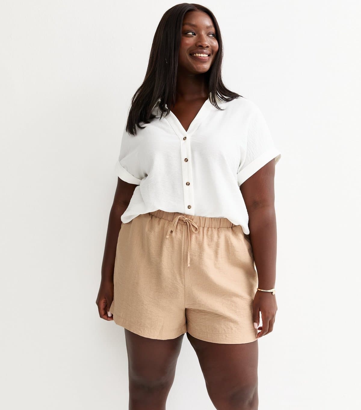 New Look Women's Plus Size Stone Crinkled Drawstring Shorts Curves New Look
