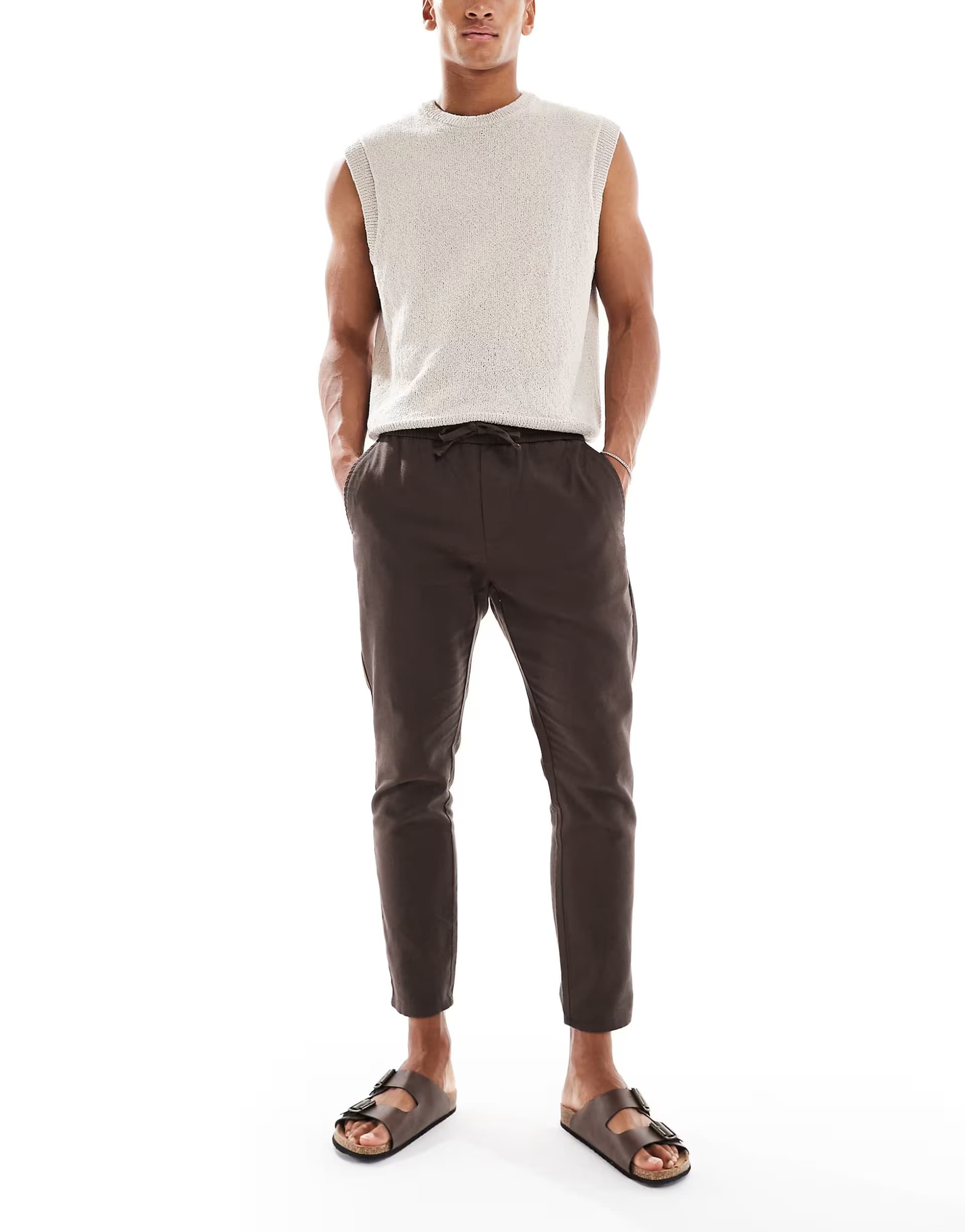 ASOS ONLY & SONS linen mix cropped trouser in brown