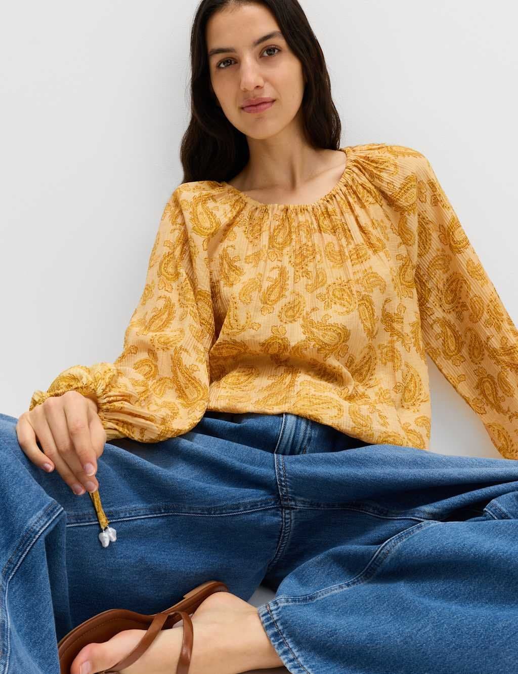 Marks & Spencer M&S Striped Plisse Tie Detail Blouse Yellow Mix
