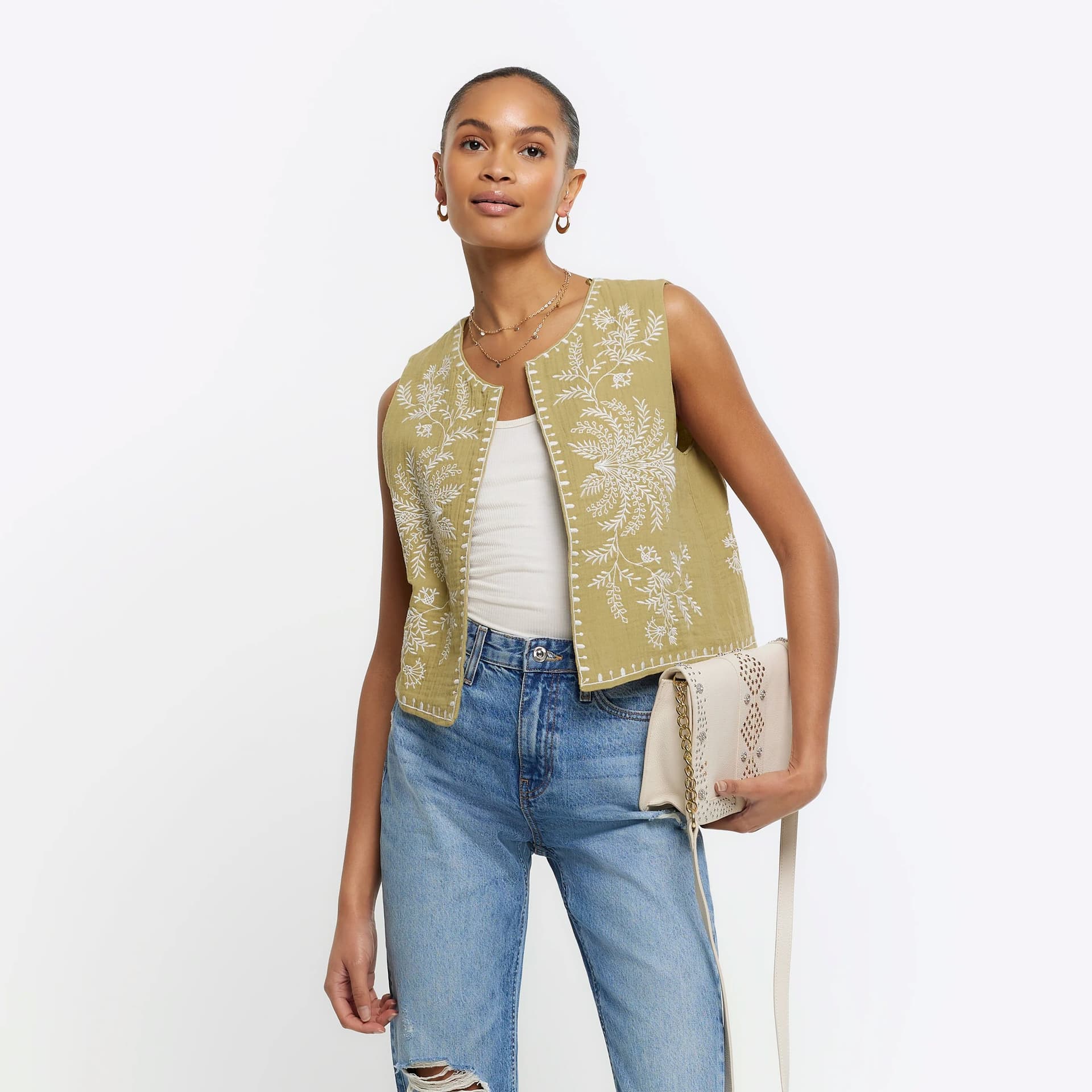 Kind Society River Island Womens Khaki Embroidered Waistcoat