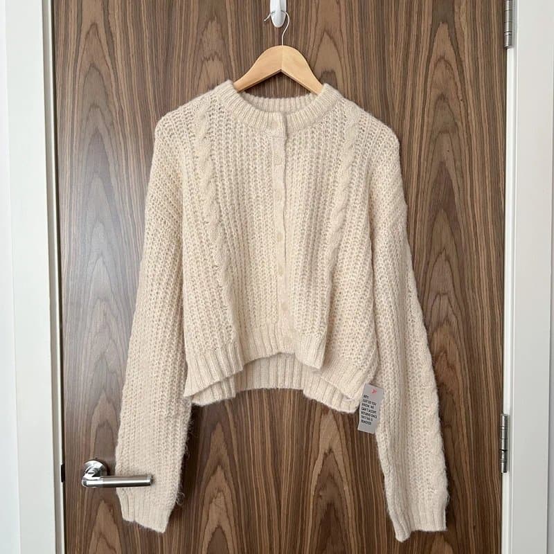 Topshop Topshop Cream Beige Cable Knit Wool Mix Soft Cozy Cropped Cardigan L