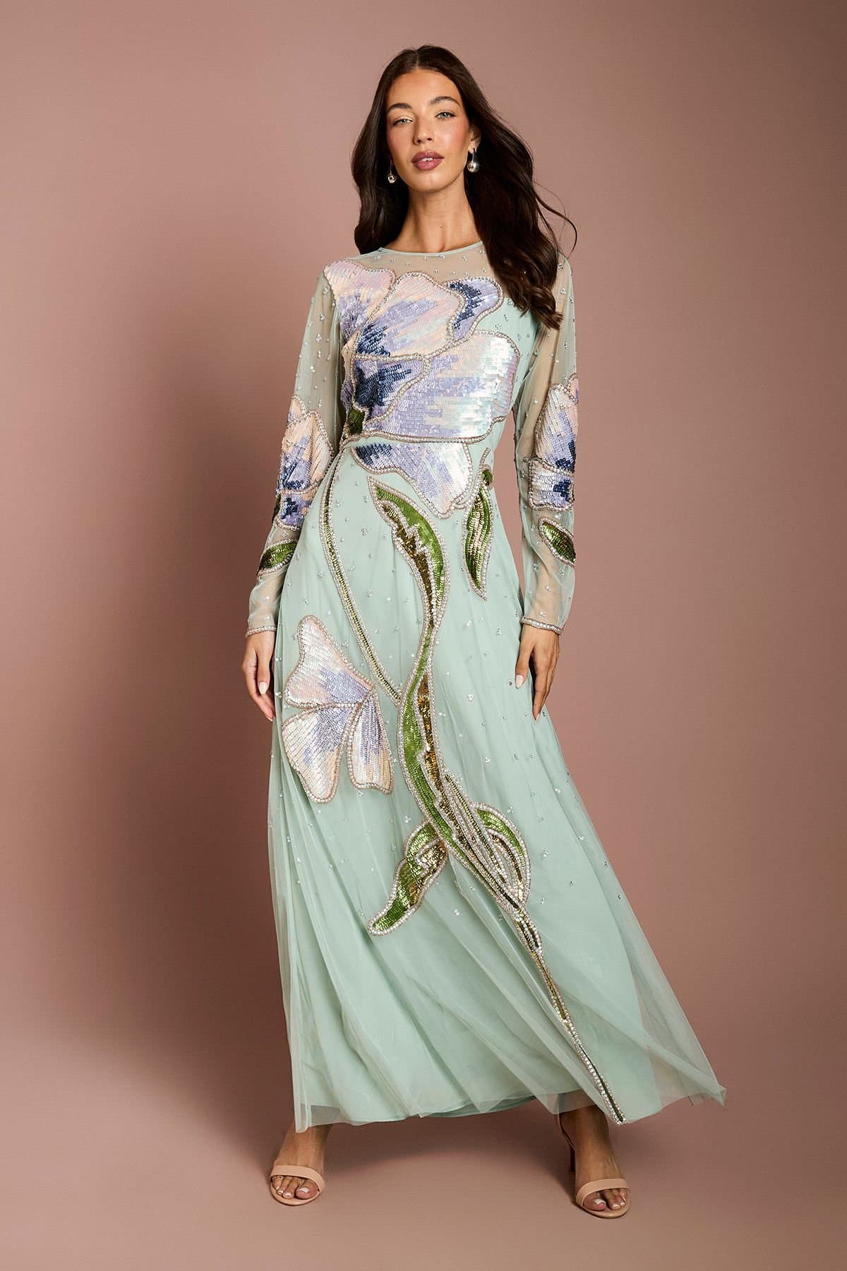 Coast Coast Women's Embellished Long Sleeve Floral Maxi Dress in Light Blue