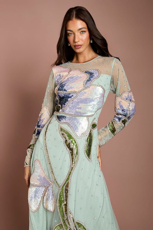 Coast Coast Women's Embellished Long Sleeve Floral Maxi Dress in Light Blue - 2