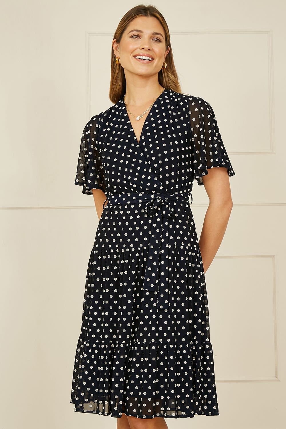Yumi Yumi Women's Navy Dot Print Mesh Stretch Midi Skater Dress