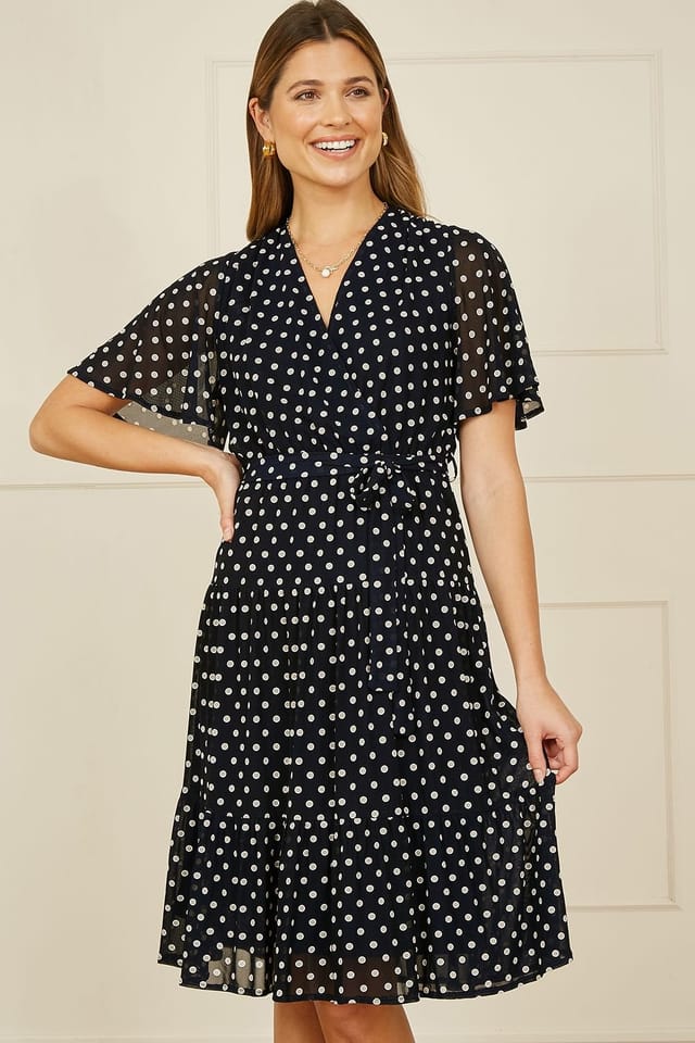 Yumi Yumi Women's Navy Dot Print Mesh Stretch Midi Skater Dress - 2