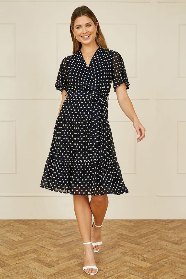 Yumi Yumi Women's Navy Dot Print Mesh Stretch Midi Skater Dress - 3