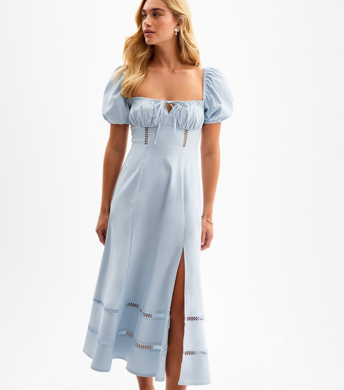 New Look Women's Light Blue Puff Sleeve Slit Hem Midi Dress New Look