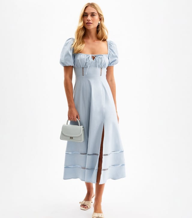 New Look Women's Light Blue Puff Sleeve Slit Hem Midi Dress New Look - 3