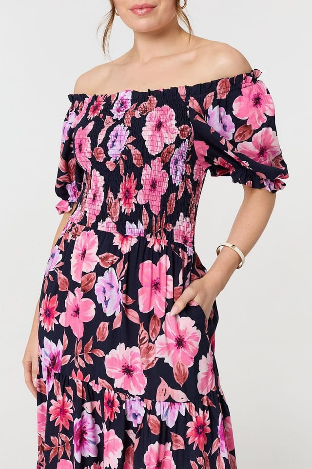Izabel London Izabel London Women's Floral Puff Sleeve Bardot Midi Dress in Blue - 2