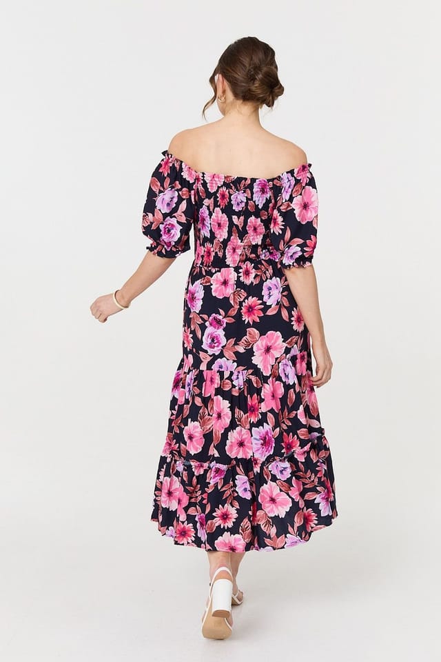 Izabel London Izabel London Women's Floral Puff Sleeve Bardot Midi Dress in Blue - 3
