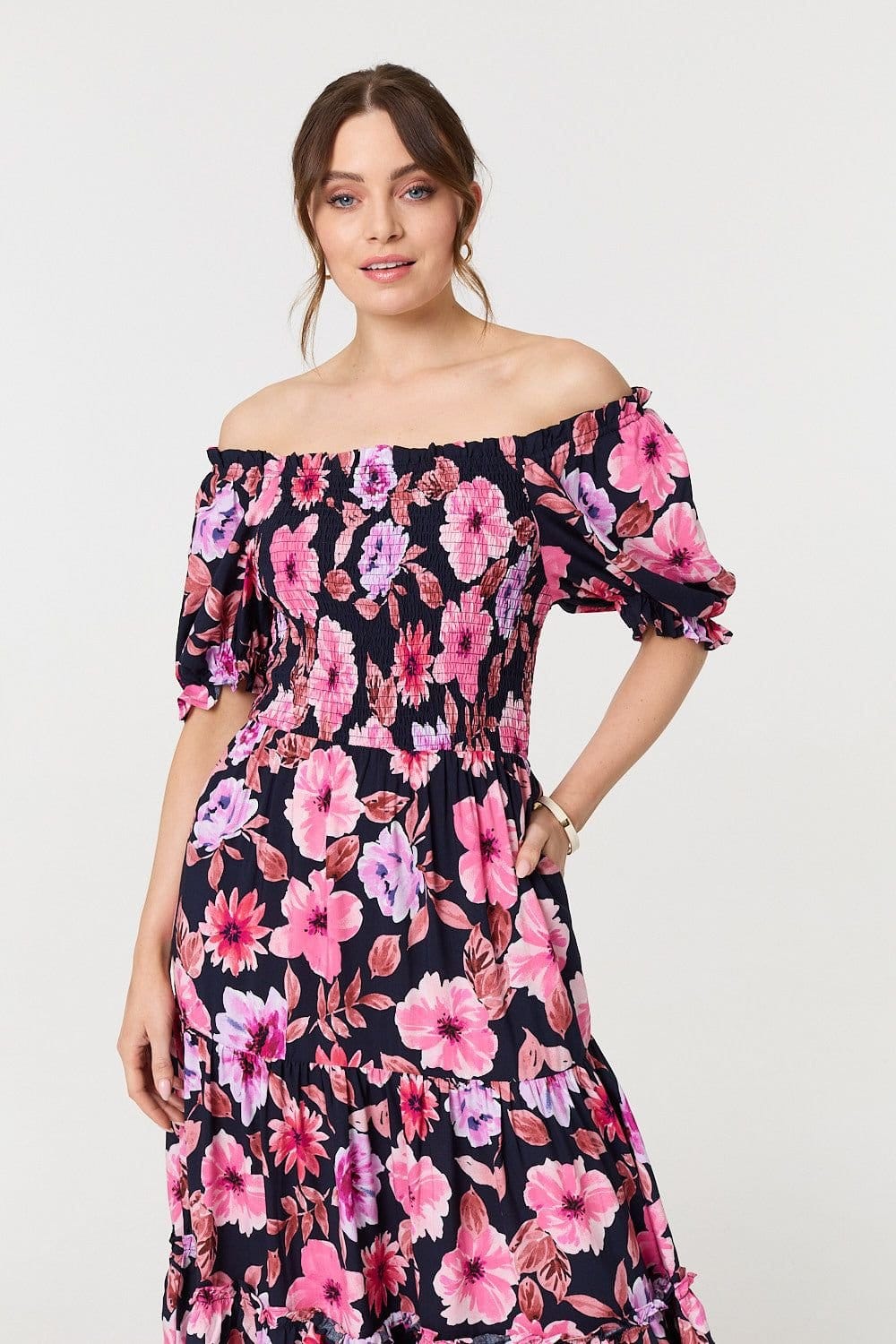 Izabel London Izabel London Women's Floral Puff Sleeve Bardot Midi Dress in Blue - 4