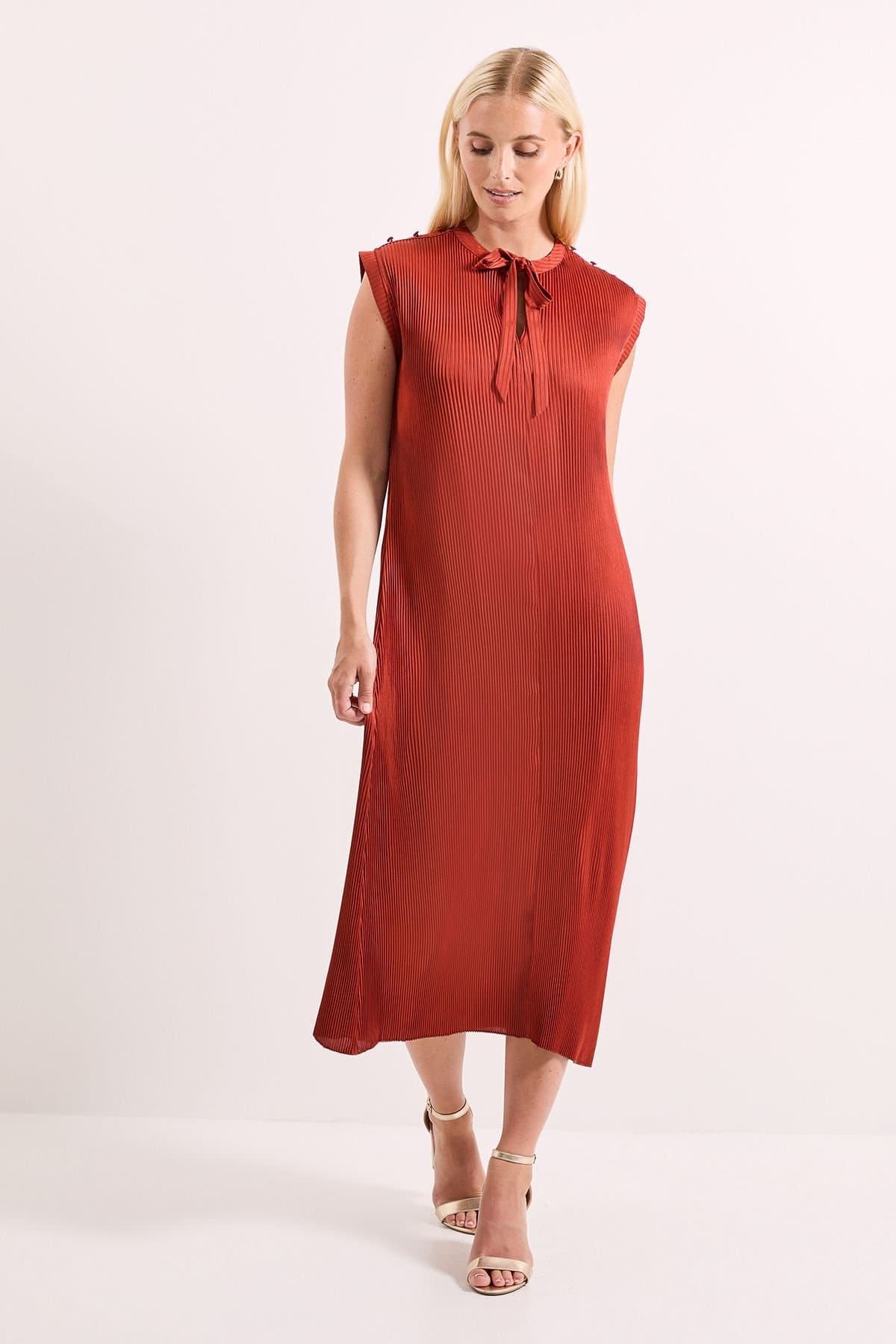 Principles Principles Women's Plisse Tie Front Midi Dress in Rust