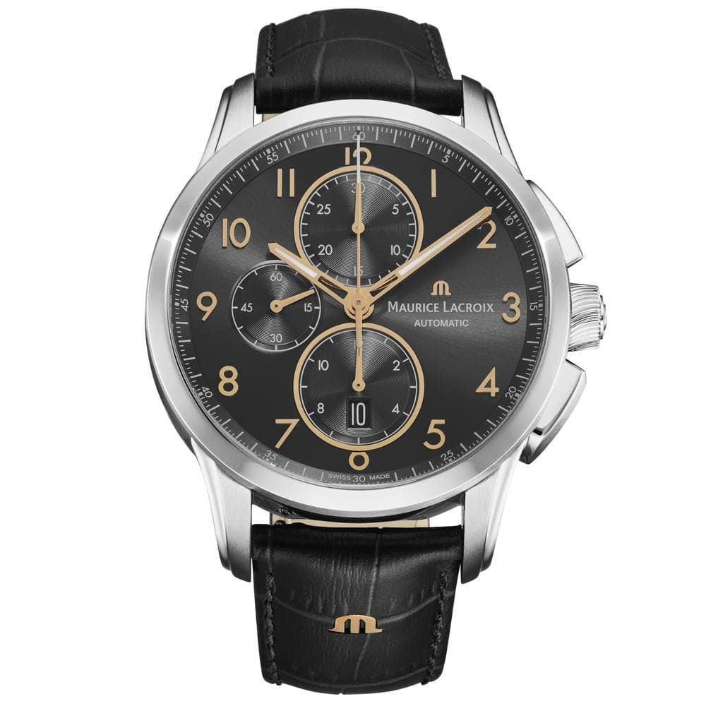 Maurice Lacroix Maurice Lacroix Men's 'Pontos' Gunmetal Dial Leather Strap Automatic Watch in Black