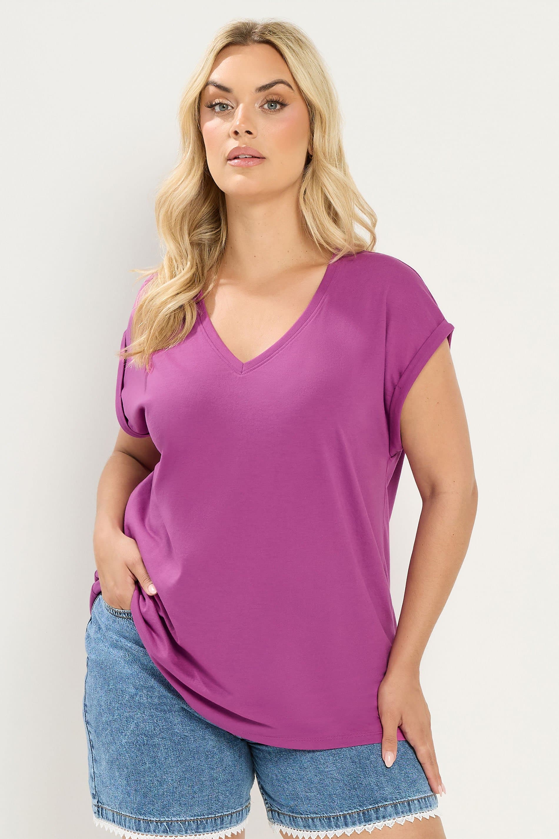 Yours Plus Size Dark Purple Vneck Basic Tshirt