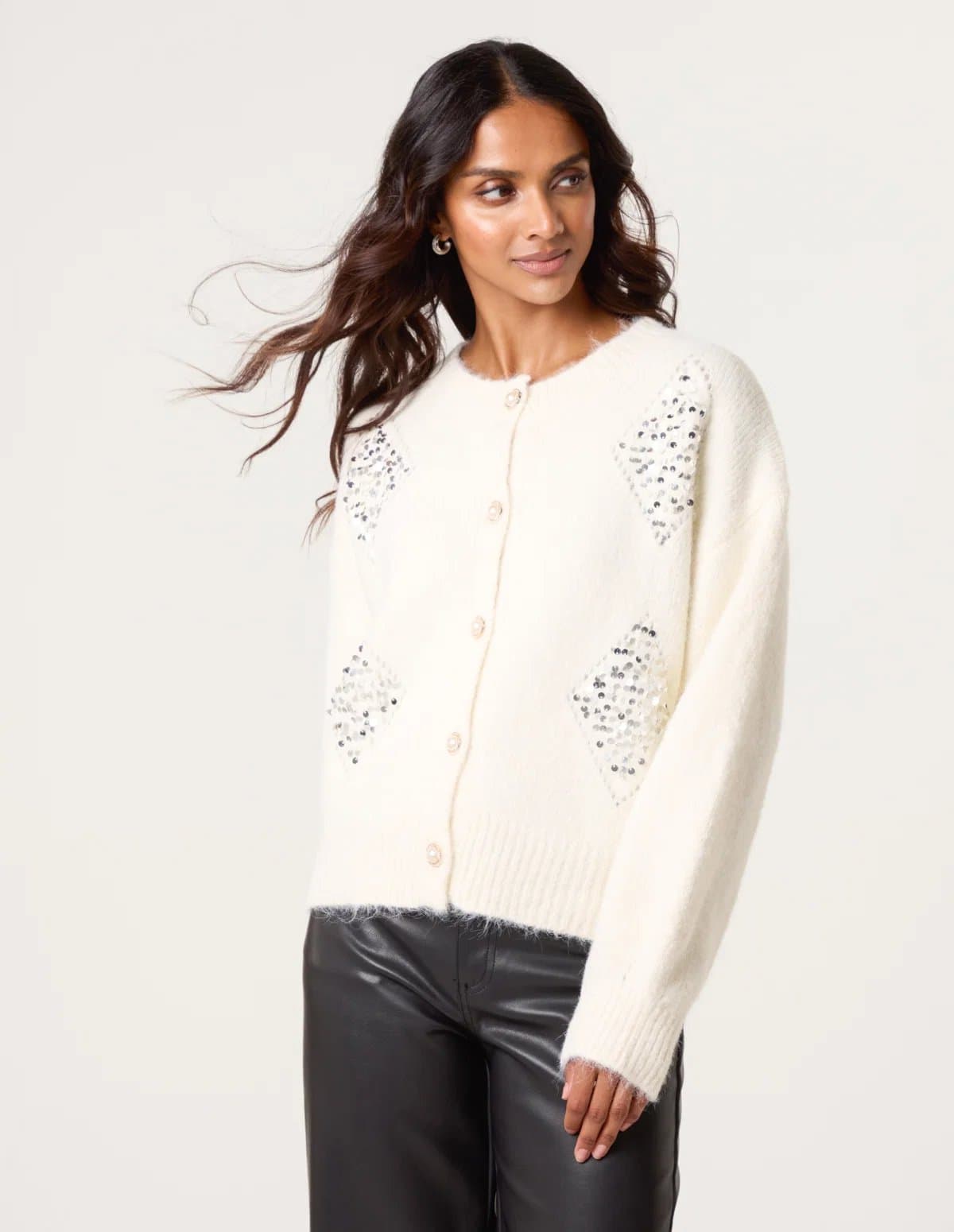 Blue Vanilla Diamante Sequin Brochure Button Front Cardigan
