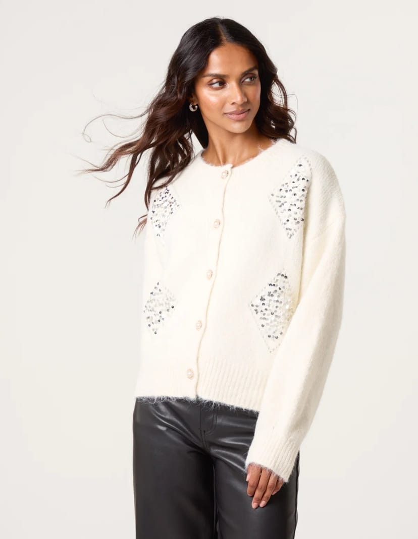 Blue Vanilla Diamante Sequin Brochure Button Front Cardigan - 1