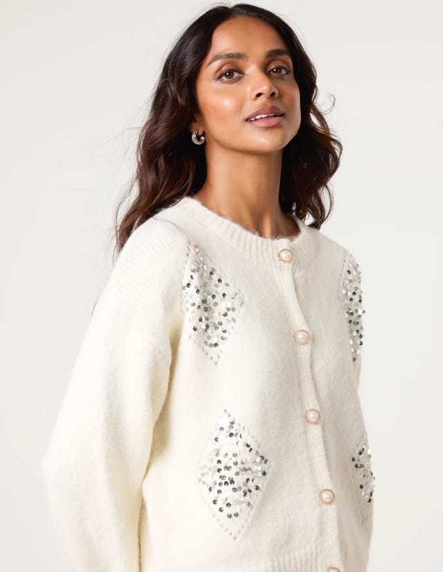 Blue Vanilla Diamante Sequin Brochure Button Front Cardigan - 3