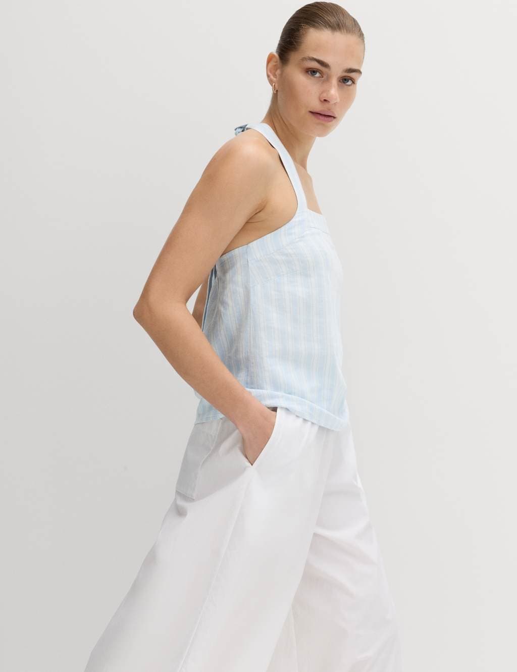 Marks & Spencer M&S Linen Rich Printed Halter Neck Top Blue Mix