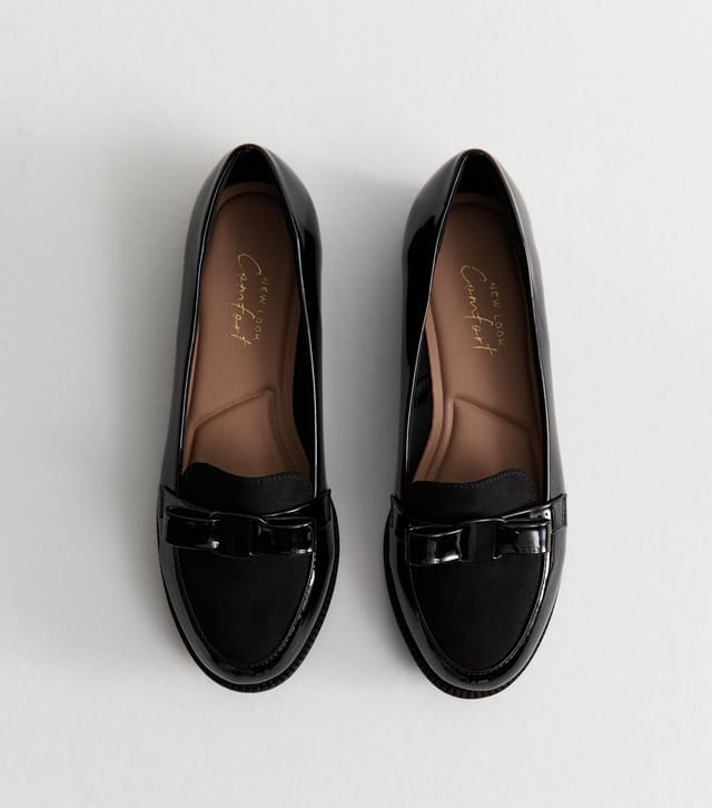 New Look Women's Wide Fit Black Patent Faux Leather Bow Detail Loafers New Look - 2