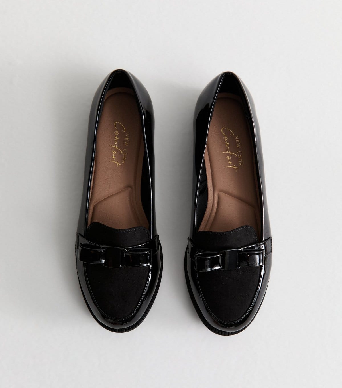 New Look Women's Wide Fit Black Patent Faux Leather Bow Detail Loafers New Look - 4