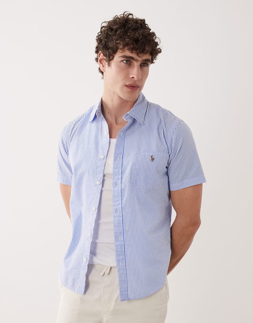 ASOS Polo Ralph Lauren stripe open collar shirt in blue - 1