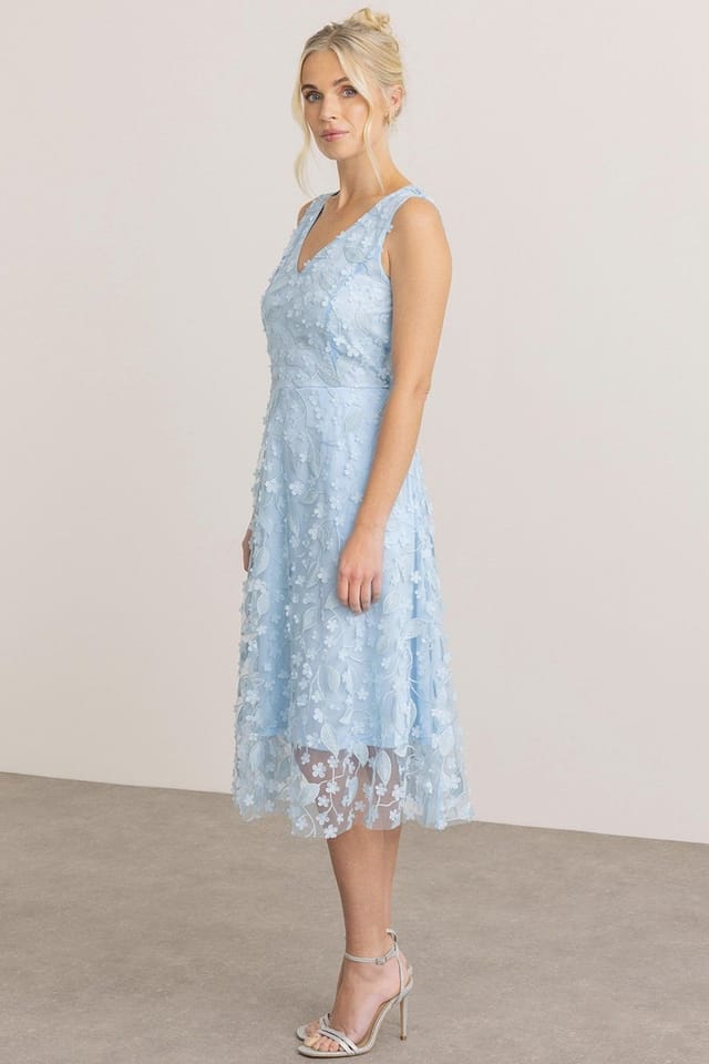 Klass. Klass. Women's Sleeveless Floral Applique Shimmer Mesh Dress in Pale Blue - 2