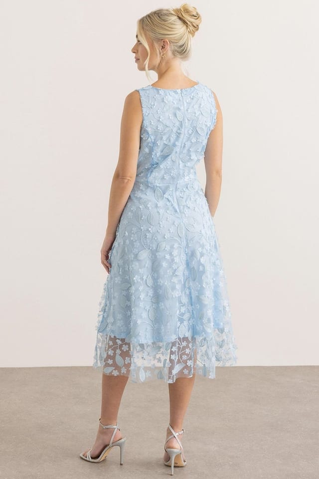 Klass. Klass. Women's Sleeveless Floral Applique Shimmer Mesh Dress in Pale Blue - 3