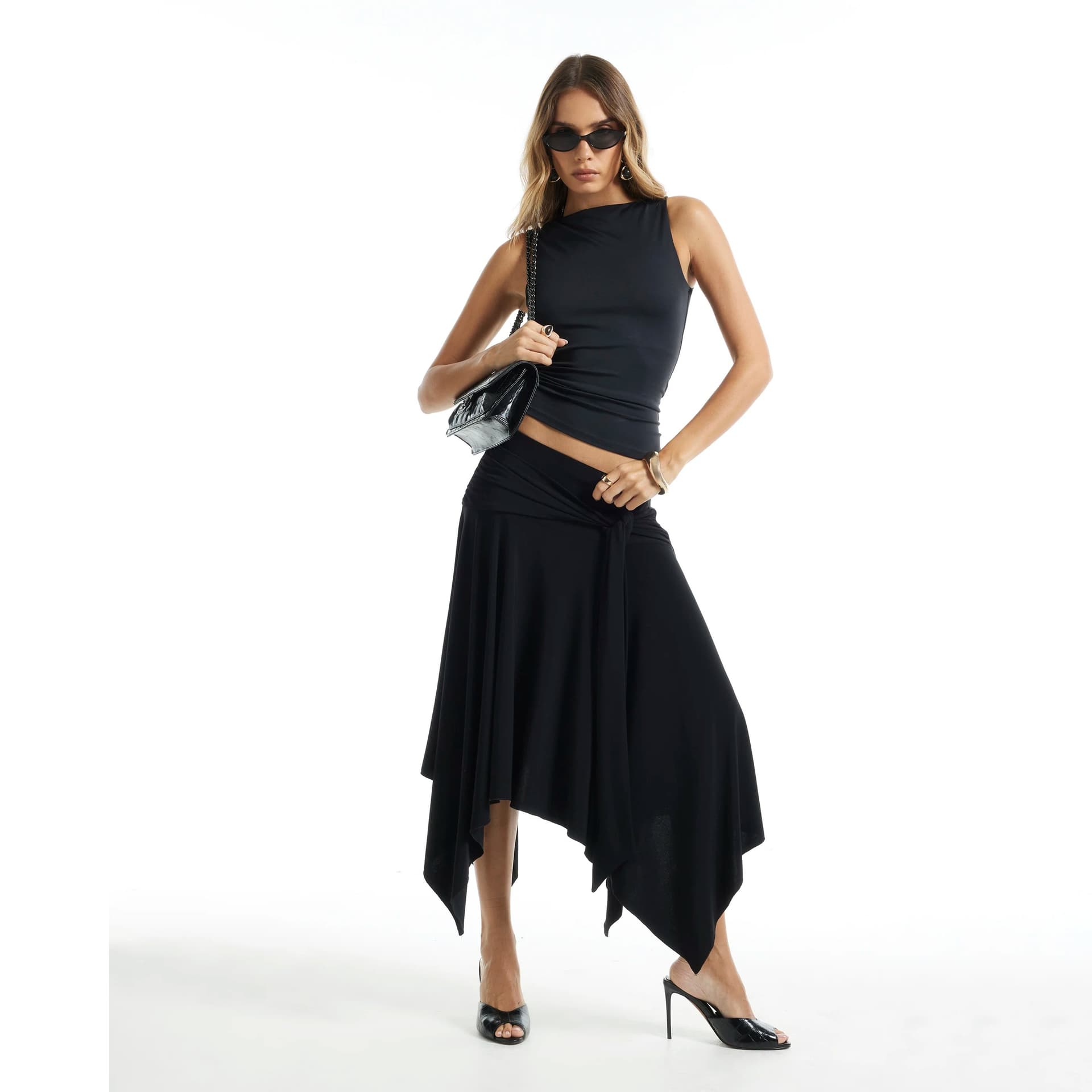 River Island River Island Womens Black Tie Front Hanky Hem Midi Skirt