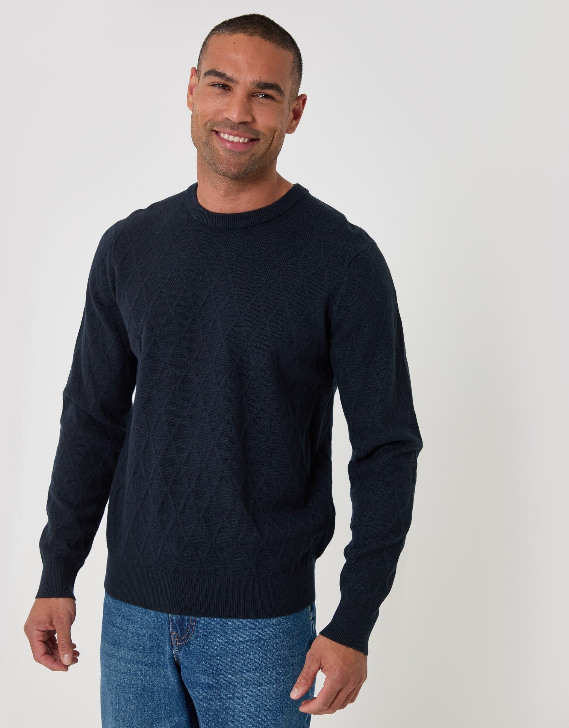 Threadbare threadbare Men's Diamond Textured Crew Neck Jumper in Blue