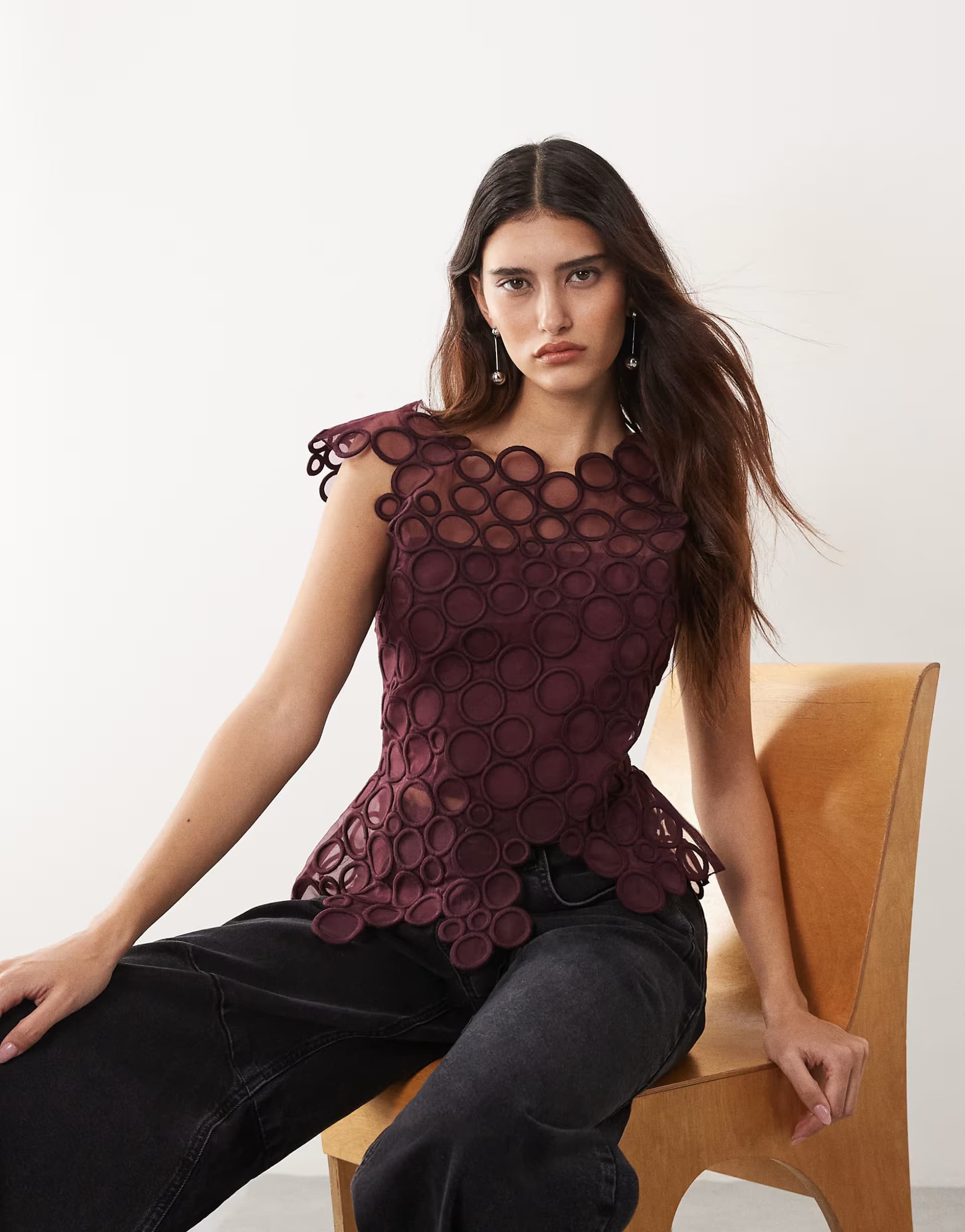 ASOS ARRANGE circle embroidered top in burgundy
