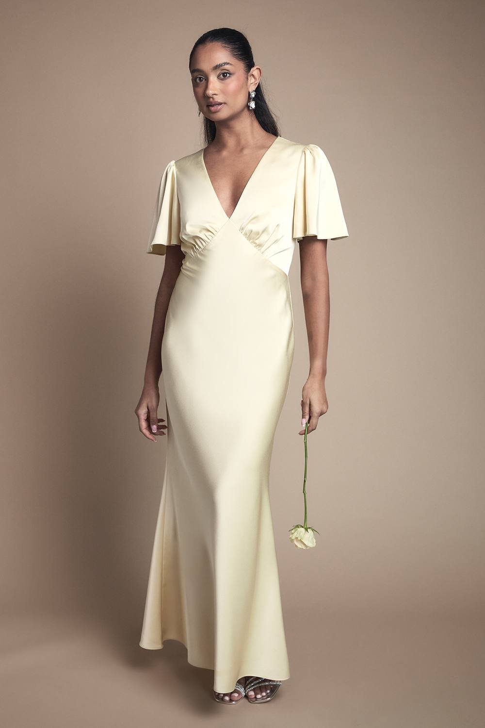 Oasis Oasis Women's Deep V Fluted Sleeve Maxi Bridesmaid Dress in Butter - 1