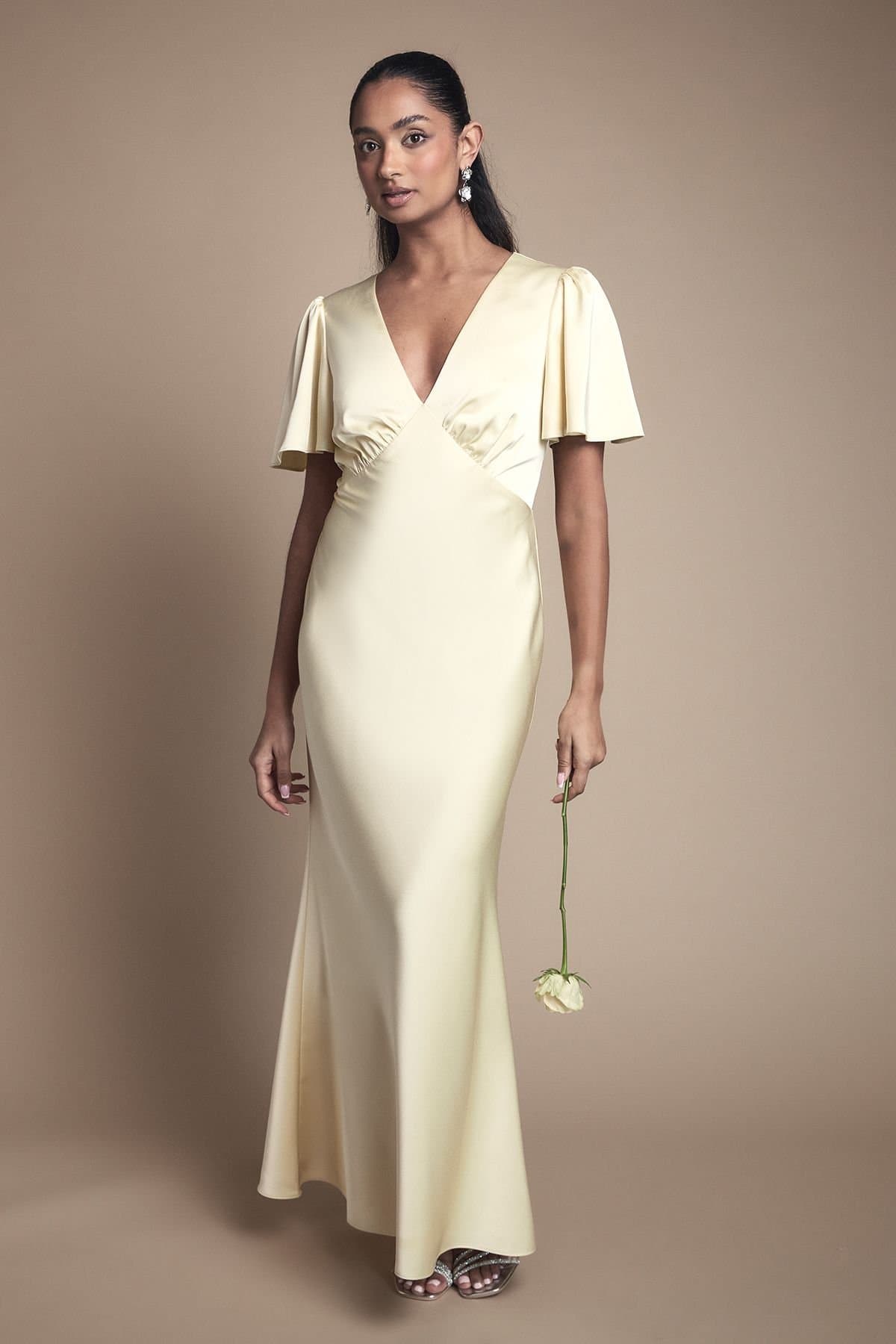 Oasis Oasis Women's Deep V Fluted Sleeve Maxi Bridesmaid Dress in Butter