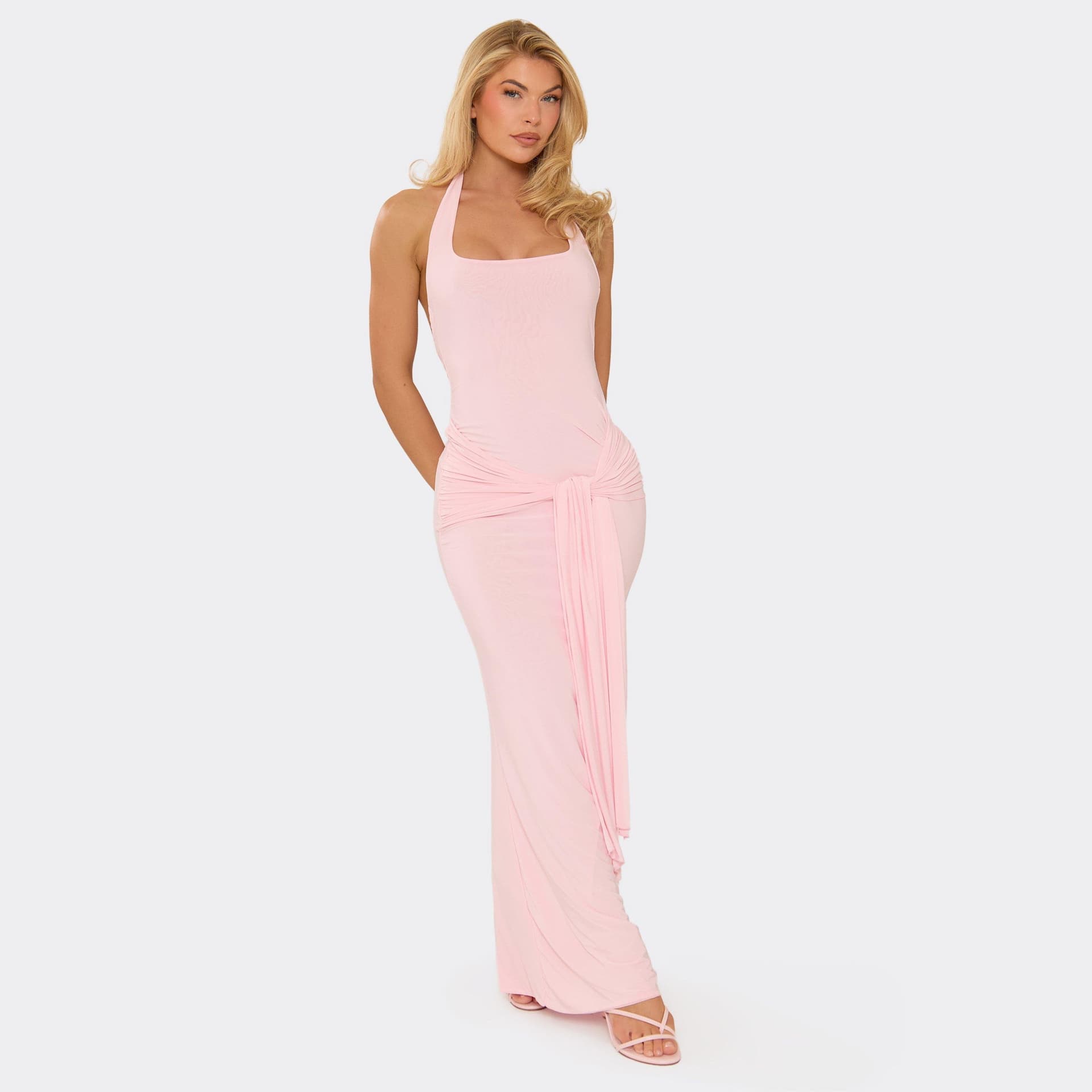 EGO Halter Neck Tie Drape Maxi Dress In Baby Pink, Women's Size UK 6