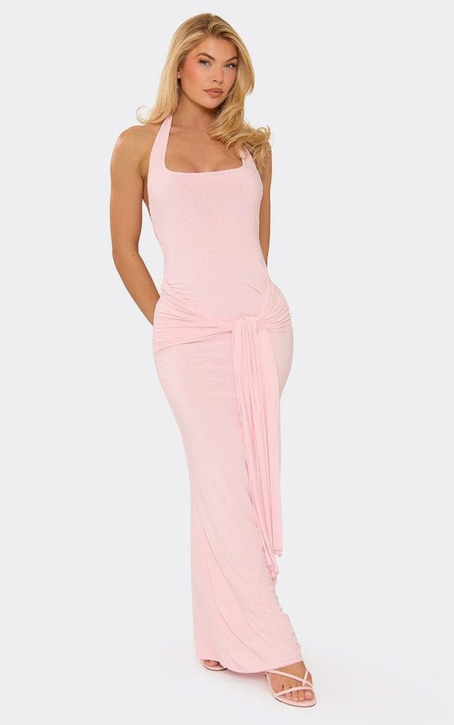 EGO Halter Neck Tie Drape Maxi Dress In Baby Pink, Women's Size UK 6 - 2