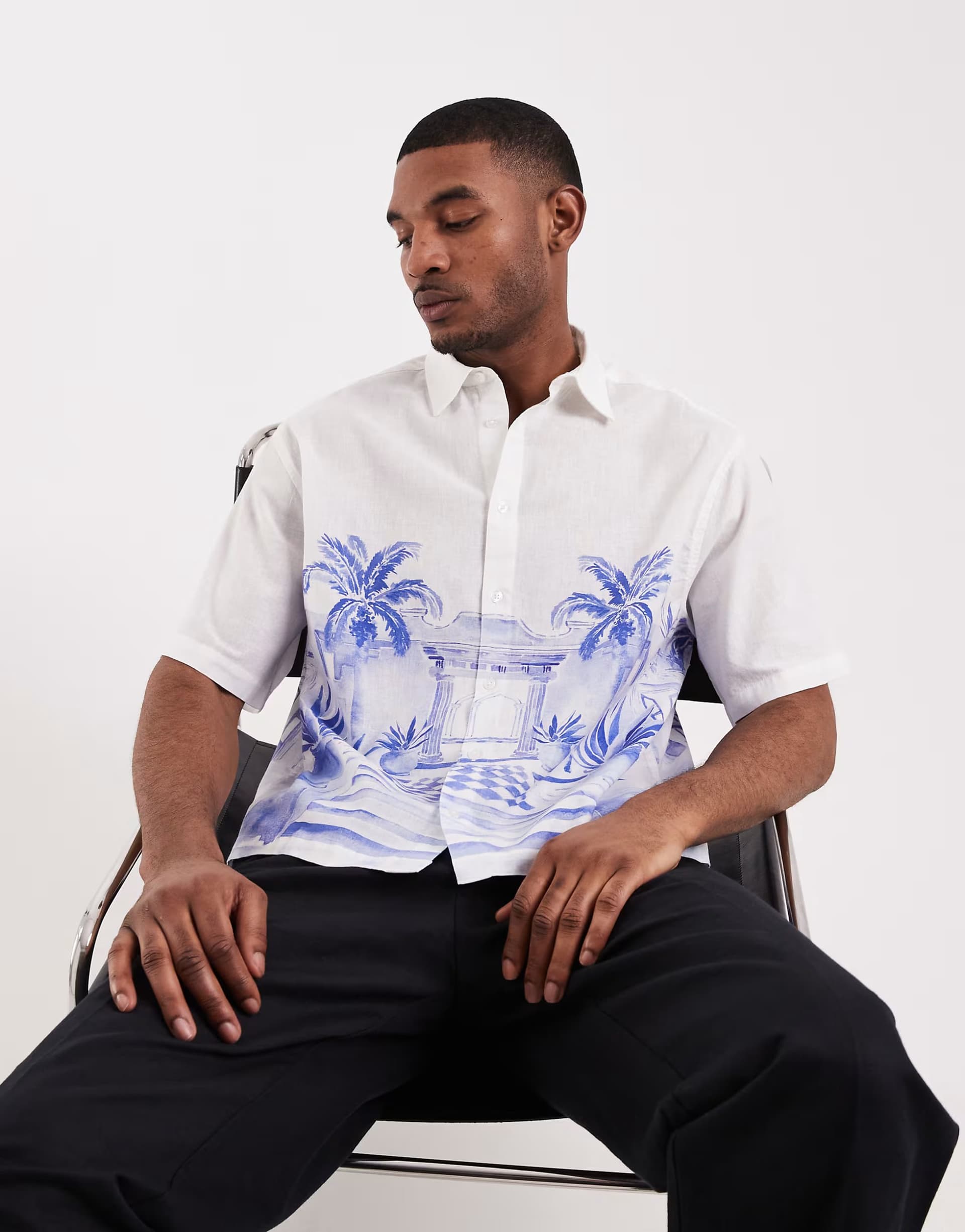 ASOS ASOS DESIGN boxy oversized shirt with linen and placement print in white