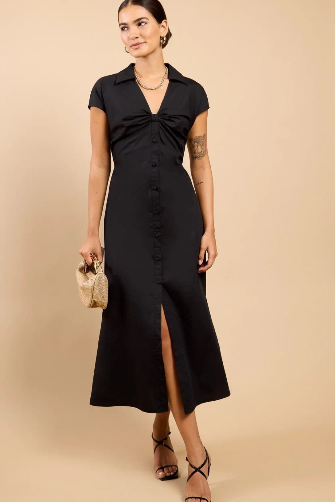 Little Mistress Little Mistress Women's Black Gathered Detail Midaxi Shirt Dress