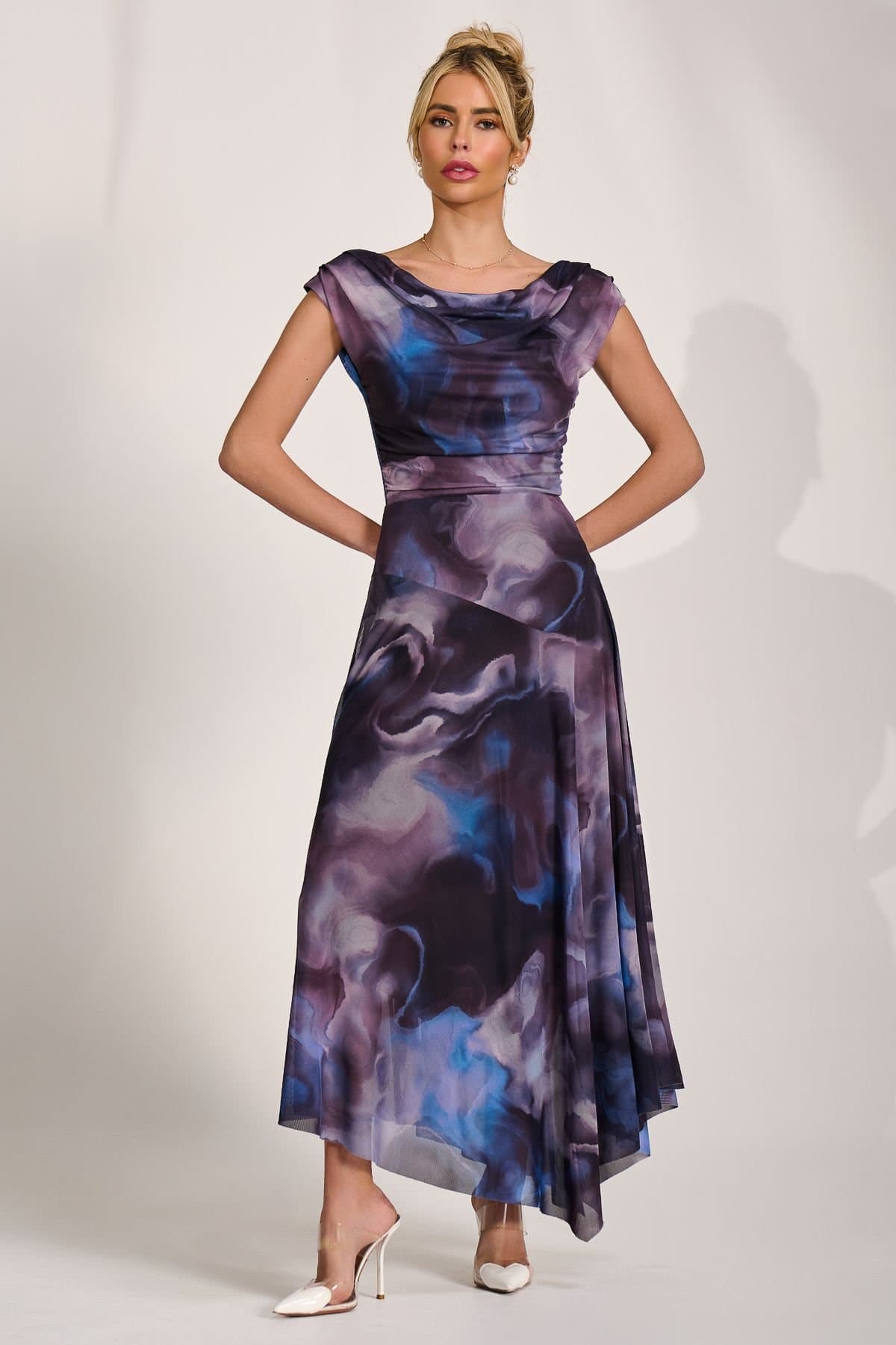 Jolie Moi Jolie Moi Women's Asymmetrical Draped Mesh Maxi Dress in Blue