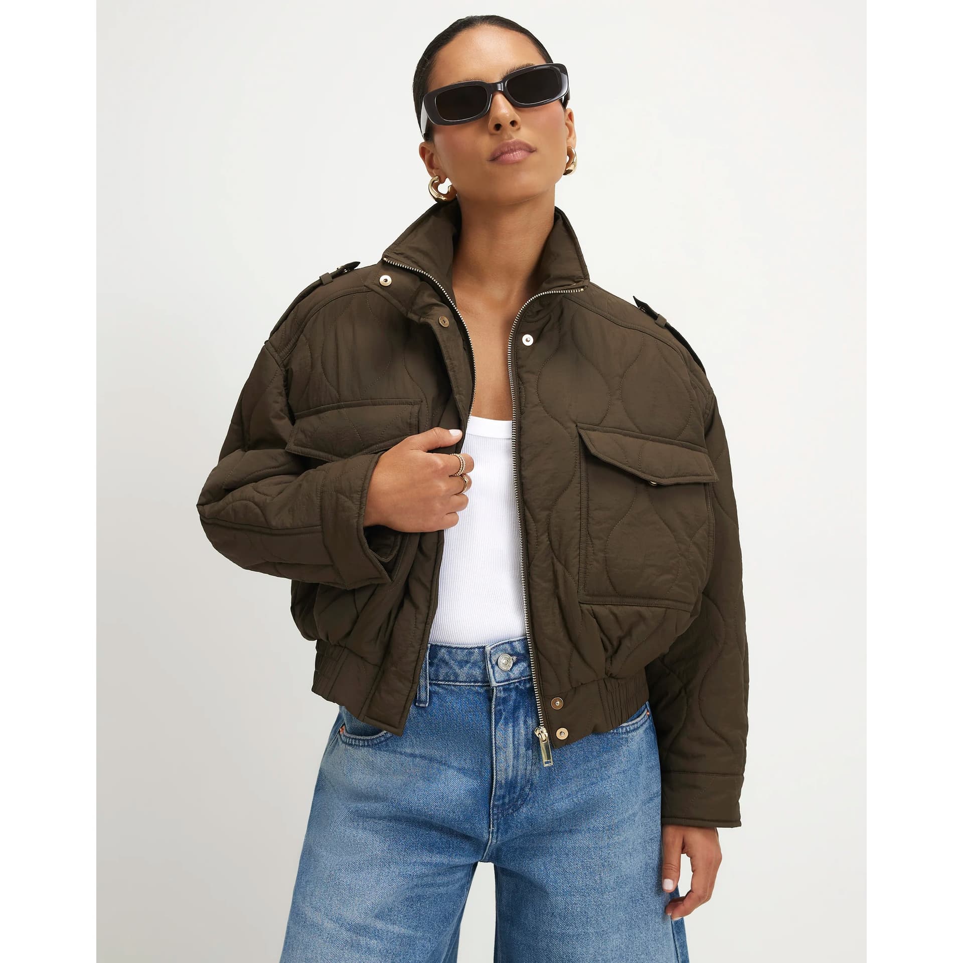 River Island River Island Womens Petite Khaki Quilted Bomber Jacket