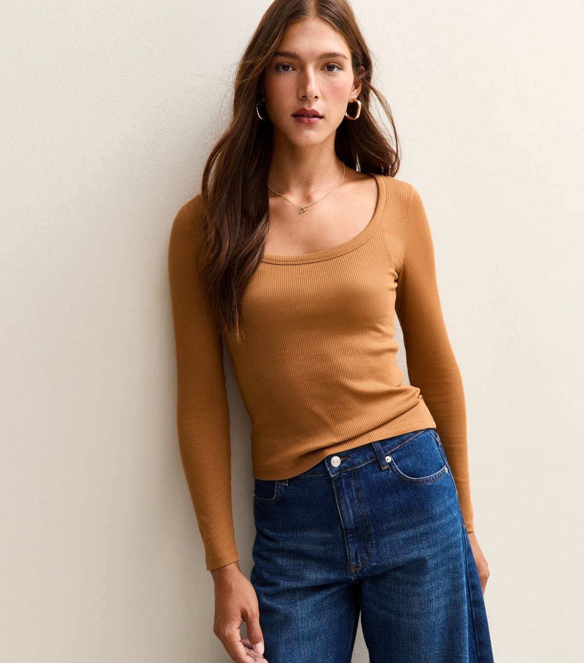 New Look New Look Light Brown Ribbed Jersey Scoop Neck Top