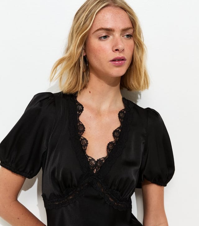 New Look Women's Black Satin Lace Trim Tea Midi Dress New Look - 2