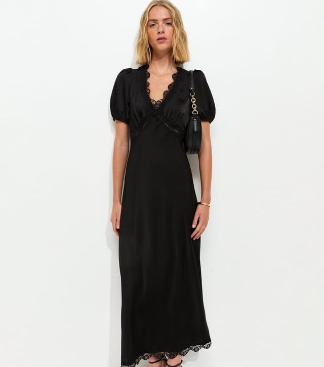 New Look Women's Black Satin Lace Trim Tea Midi Dress New Look - 3