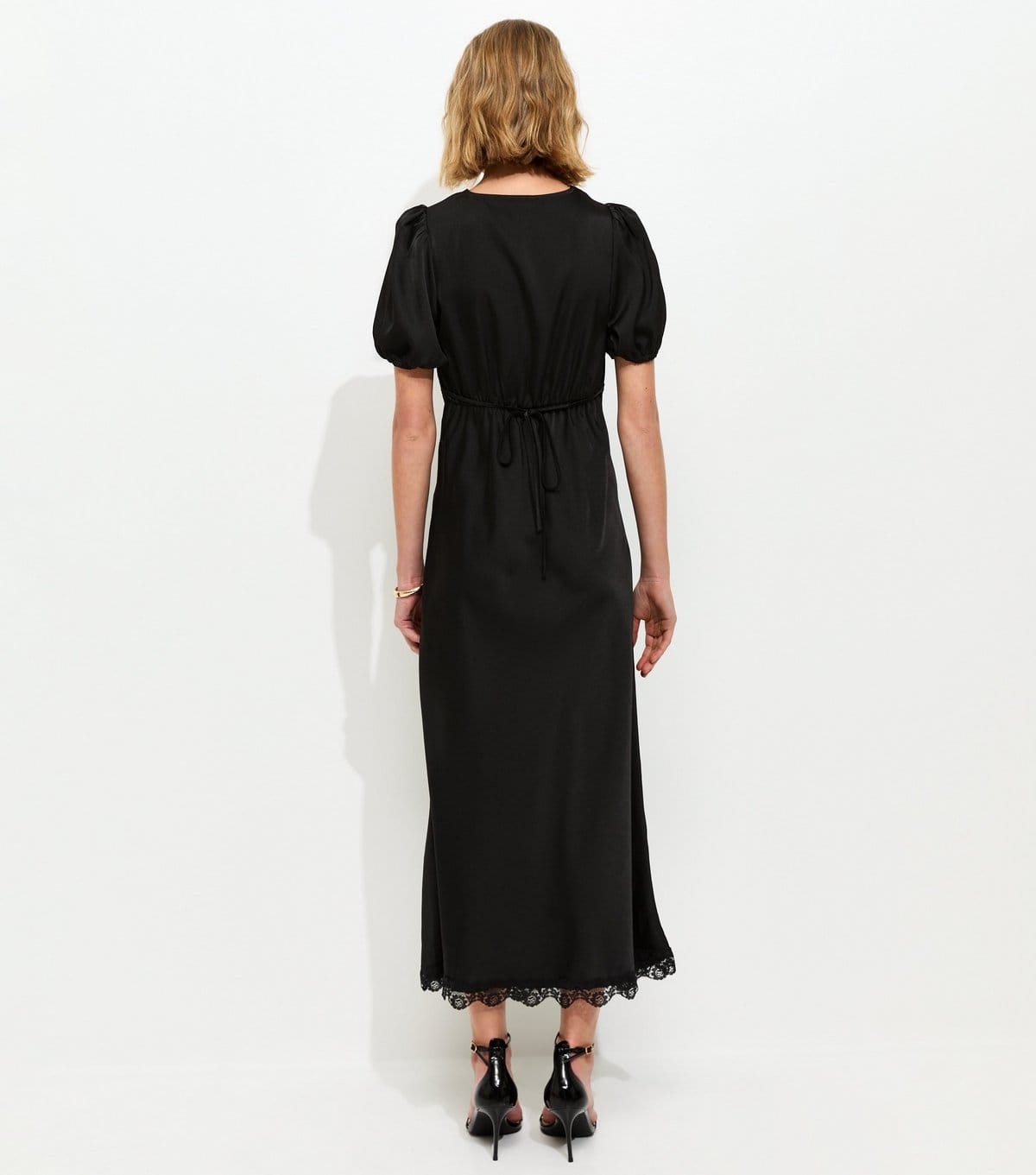 New Look Women's Black Satin Lace Trim Tea Midi Dress New Look - 4