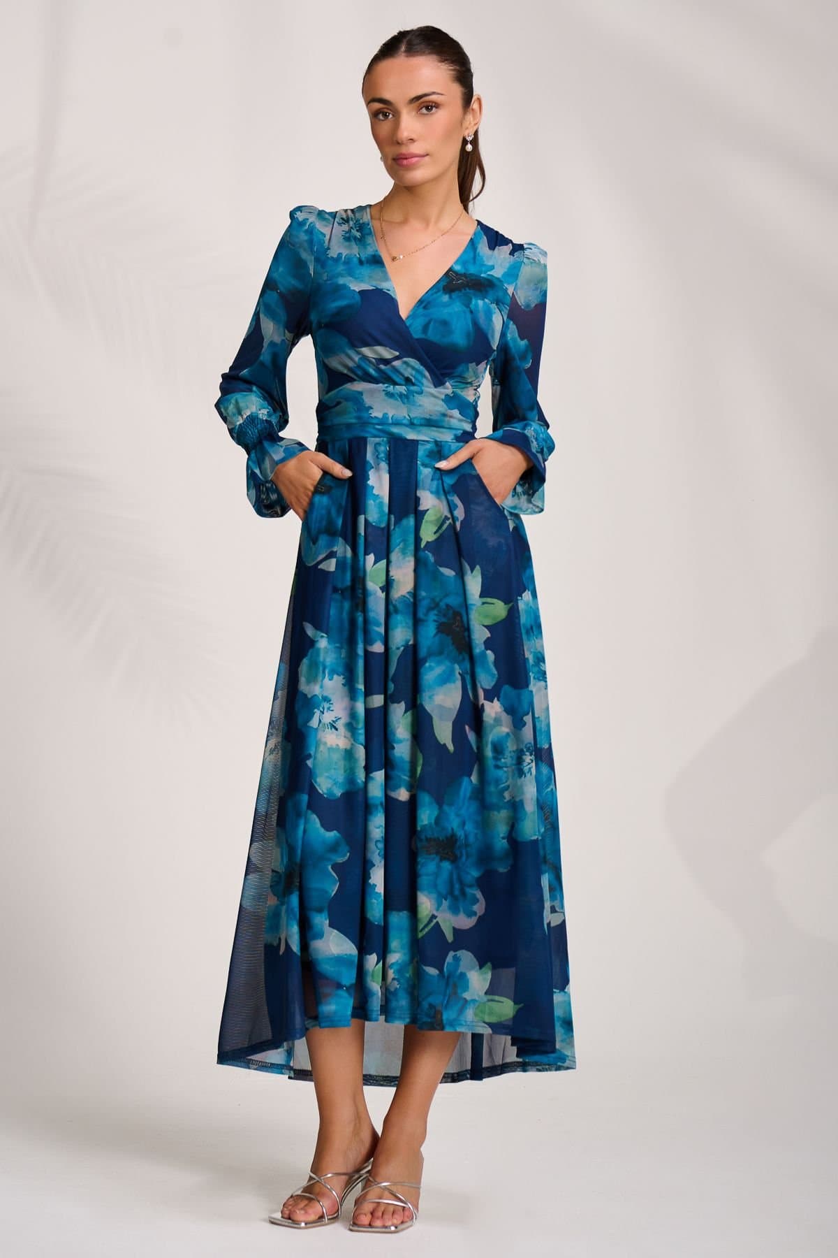 Jolie Moi Jolie Moi Women's Long Sleeve V Neck Mesh Maxi Dress in Blue