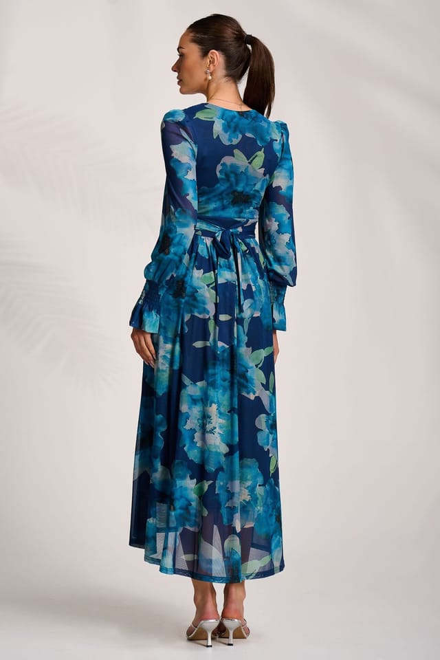 Jolie Moi Jolie Moi Women's Long Sleeve V Neck Mesh Maxi Dress in Blue - 2