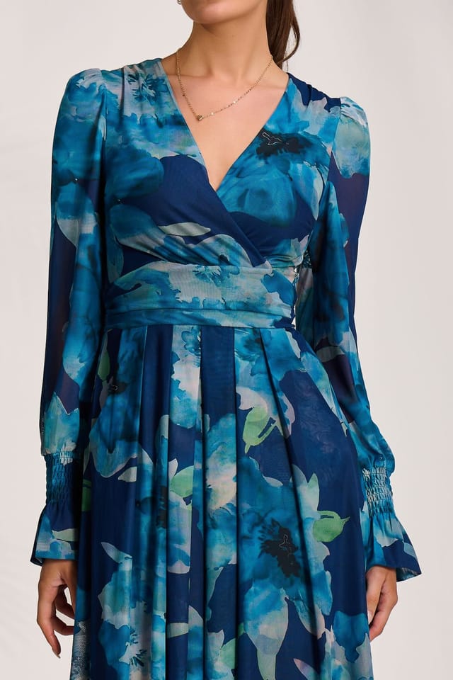Jolie Moi Jolie Moi Women's Long Sleeve V Neck Mesh Maxi Dress in Blue - 3