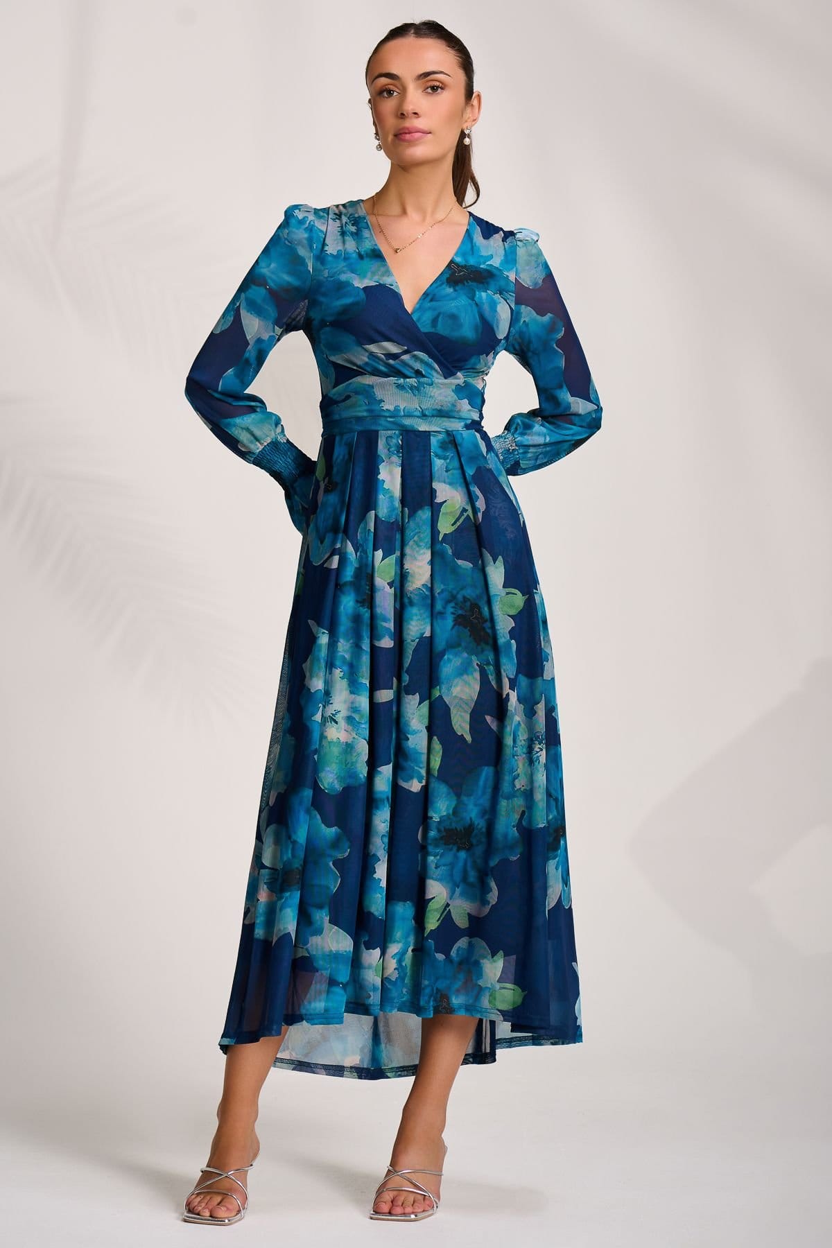Jolie Moi Jolie Moi Women's Long Sleeve V Neck Mesh Maxi Dress in Blue - 4