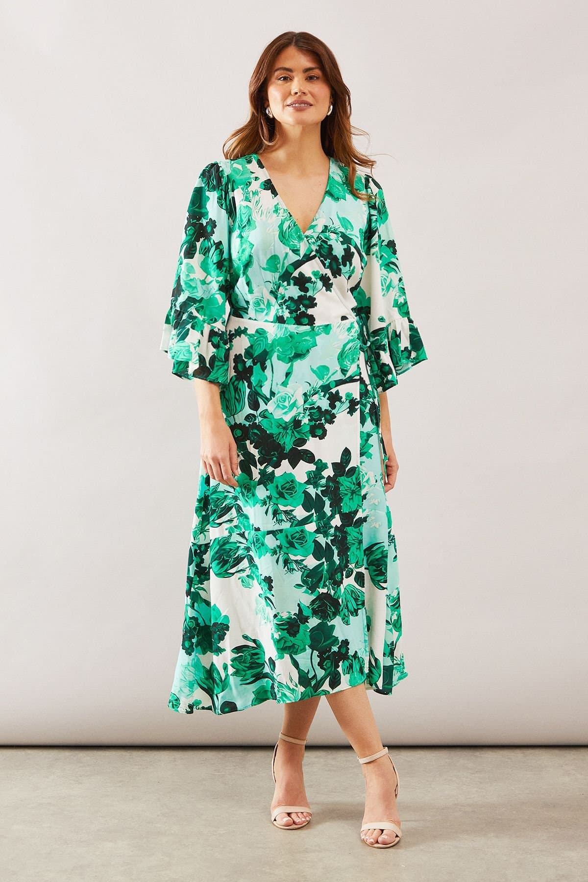 Wallis Wallis Women's Floral Wrap Ruffle Midi Dress in Green