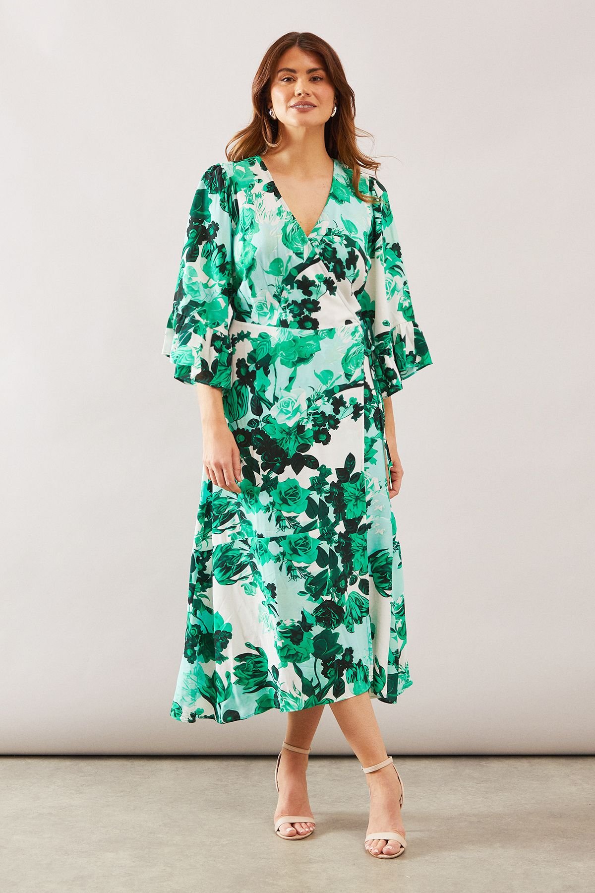 Wallis Wallis Women's Floral Wrap Ruffle Midi Dress in Green - 2
